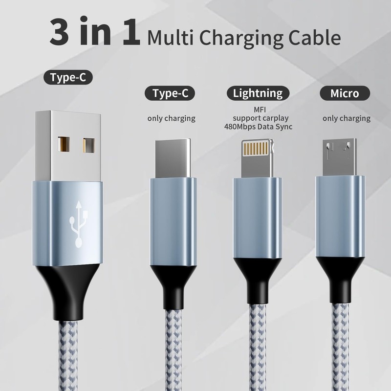 Durable 3 in 1 Charging Cable Set - 4FT Nylon Braided, Type-C, Micro USB gallery