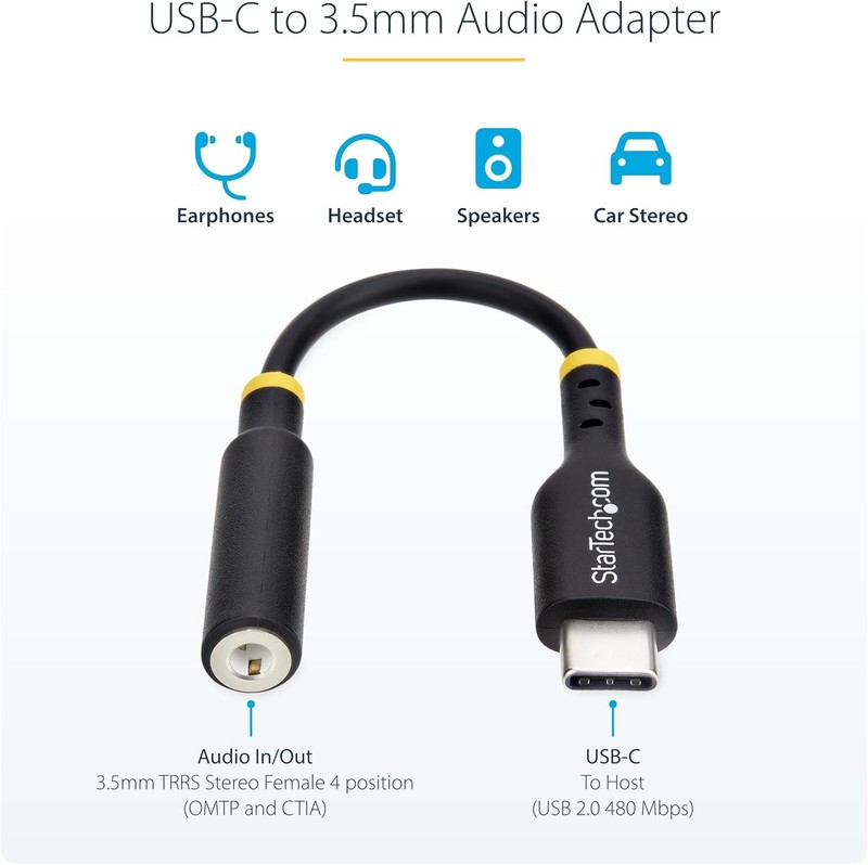 StarTech.com USB-C to 3.5mm TRRS Headphone/Headset Jack Audio Adapter, Black gallery