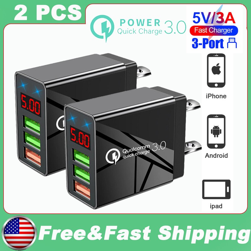 (2 PACK) 3 Port Fast Quick QC 3.0 USB Hub Wall Charger Power Charge Adapter US