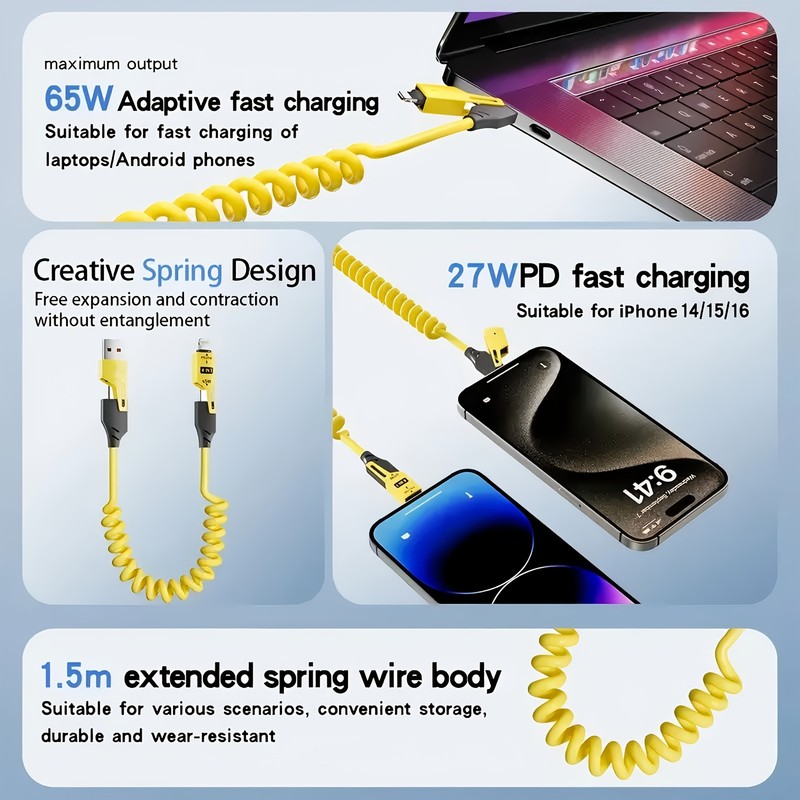 4-in-1 Coiled Fast Charging Cable USB-C Multi-Device Cord, Universal NEW US gallery