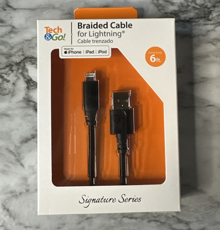 Tech & Go 6ft USB Braided Charge Cable for iPhone iPad iPod - NEW SEALED - Black