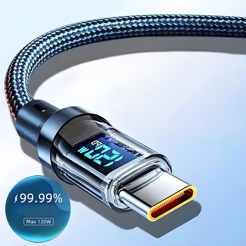 Digital Display USB A to Type C Cable 6/10A 120W Fast Charger Braided USB-C Lead gallery