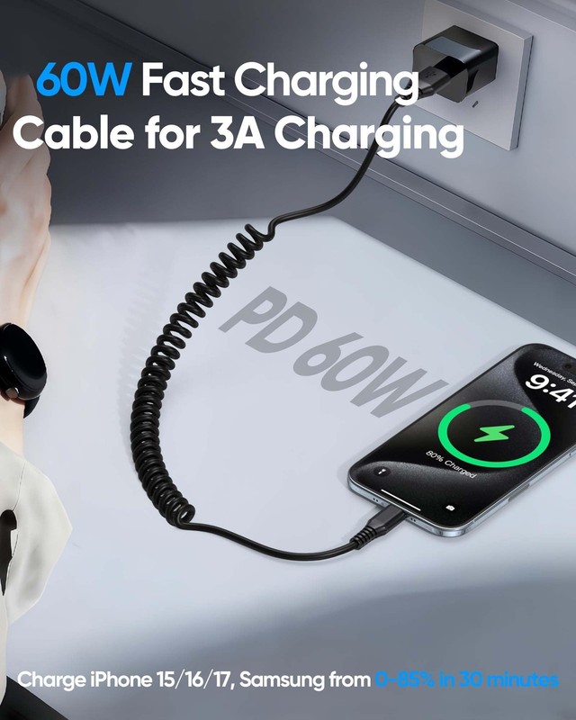 USB to C Coiled Cable 3FT 2-Pack, 60W Fast Charging 3FT, Black gallery