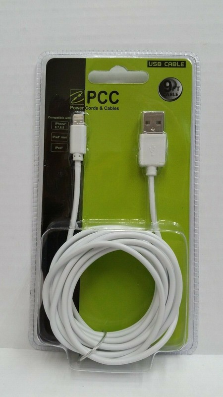 9′ USB Cell Phone Charging Cable iPhone 5 6 7 8 White 50077 (Lot of 2) New