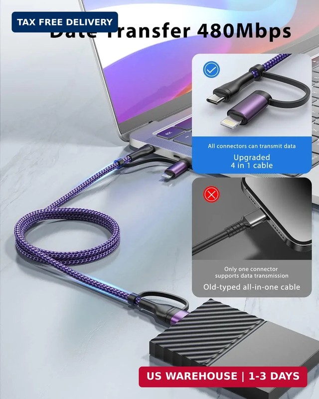 4 in 1 Charging Cable 60W 6FT Apple MFi Certified USB C to Lightning Cable Nylon gallery