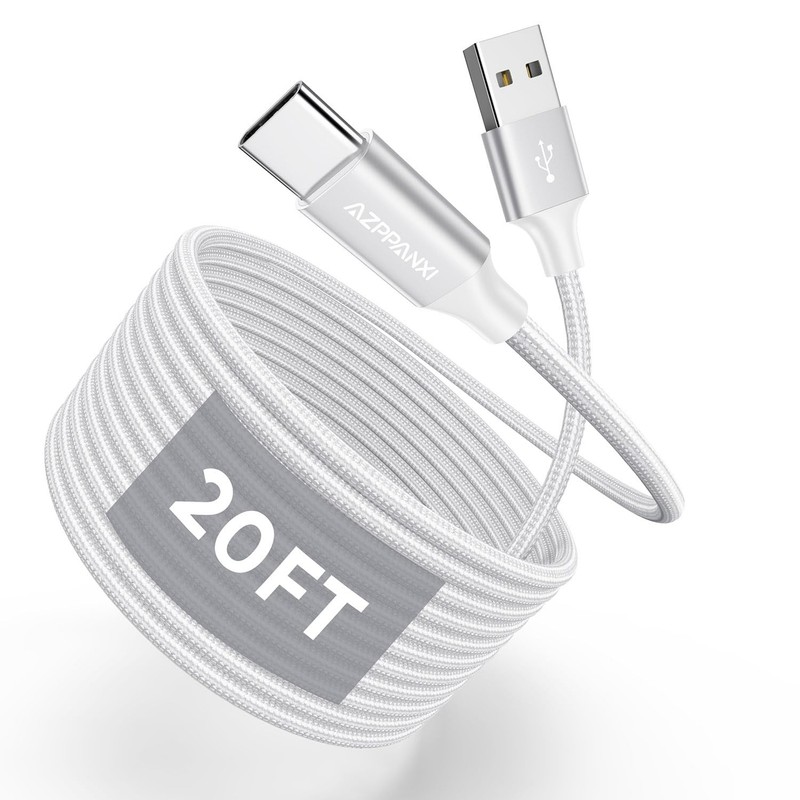 USB Type C Cable 20Ft, White Nylon Braided USB A to USB C 3A Fast Charging Ch...