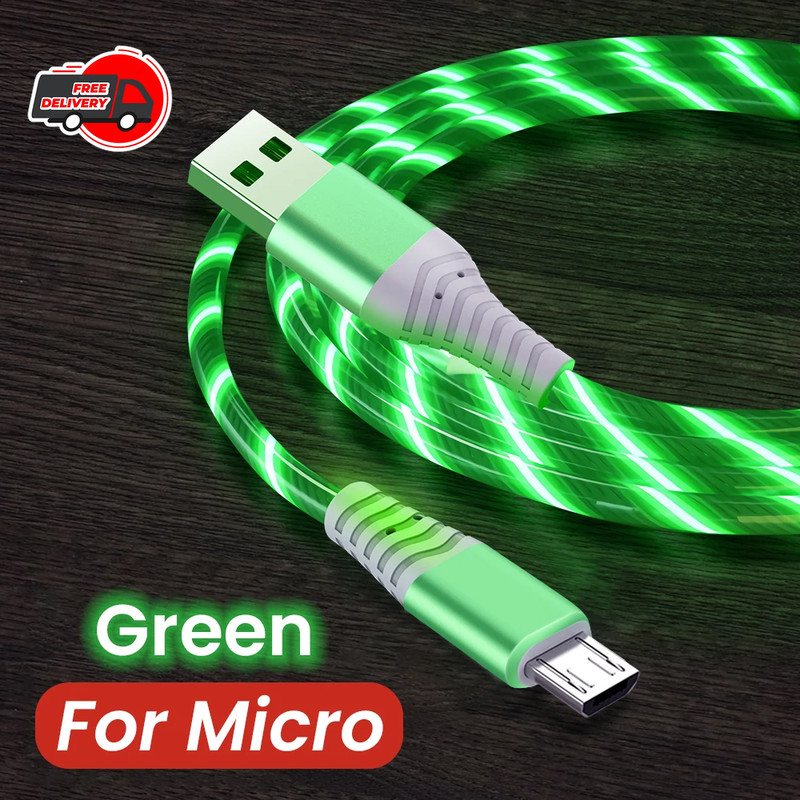 MVQF 5A Fast Charging LED Cable Type C Micro USB Glowing Flowing Light Data Cord