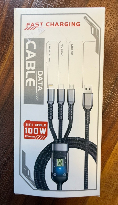 3-in-1 100W Fast Charge USB-A to apple/USB-C/Micro-USB LED Braided 1m
