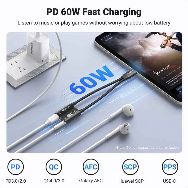 UGREEN USB C to 3.5mm AUX Audio Cable DAC Chip 60W PD QC 2 in 1 Charging Adapter gallery