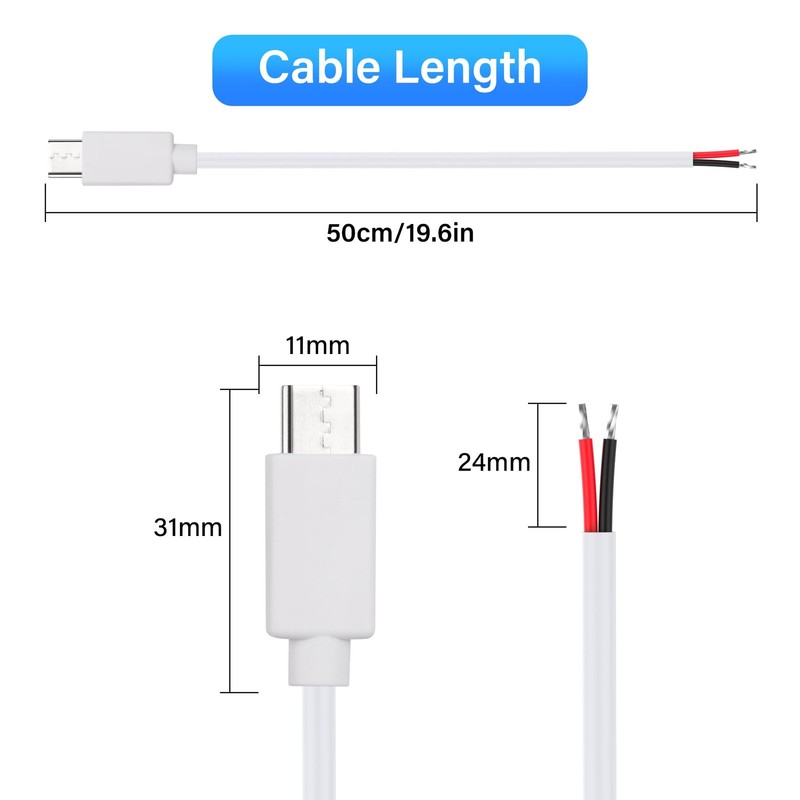2 PCS USB C Pigtail Power Cable 20AWG 5V/5A Male Plug 2 Pin Bare Wire 0.5M gallery