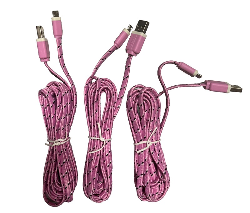 3 Pack Pink Micro USB 9 Feet Long Rope Cable Motorola Samsung Lg Android