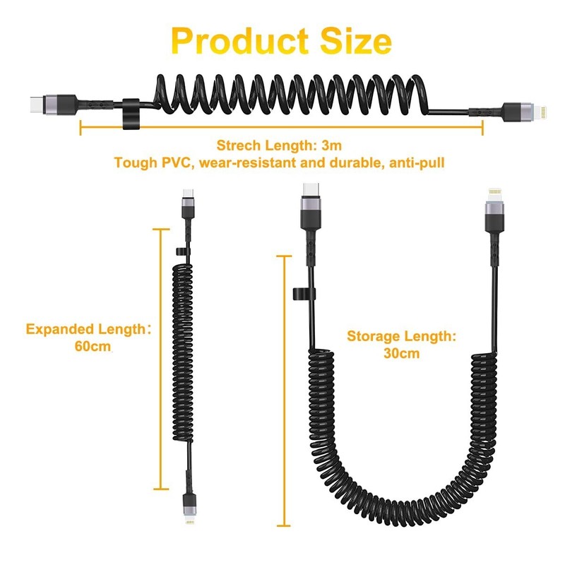 Coiled USB C to Lightning Cable for Car 10FT, MFi Certified iPhone Charging Data gallery