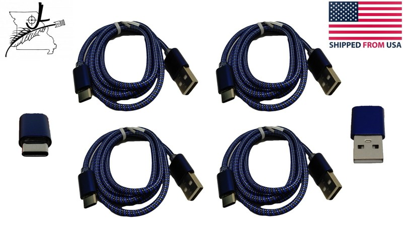 4x USB-USB C 39″ Cloth Wrapped 2.1 Amp A Charging Data Cable Blue Aluminum Ends