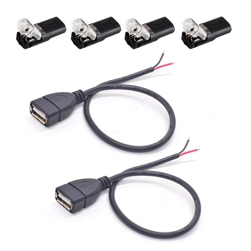 2PCS 1FT 20AWG USB A Female Pigtail, 2 Pin Bare Wire, 4PCS Plug Connectors