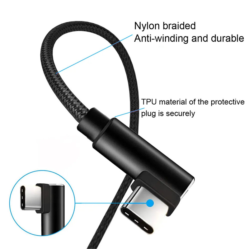 3Pcs 90 Degree Angle Type C USB-A Fast Charger Sync Cable Charging Cord 3/6/10FT gallery