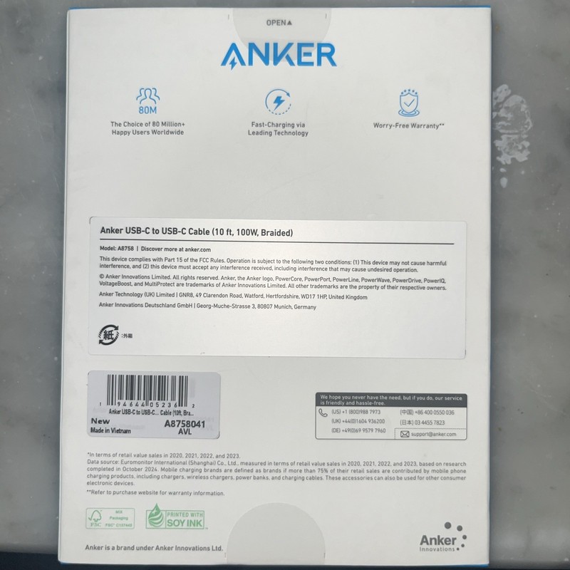 Anker USB C To USB C 10ft, 100w Braided cable