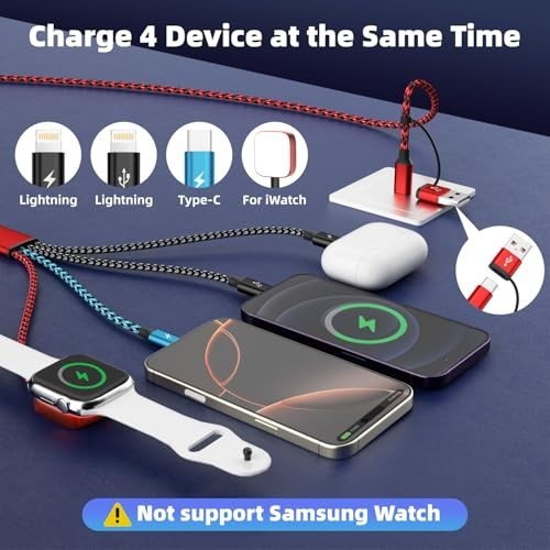 4-in-2 Multi Charging Cable for iPhone, Android, iWatch - 5FT USB A/C Dual Charg gallery