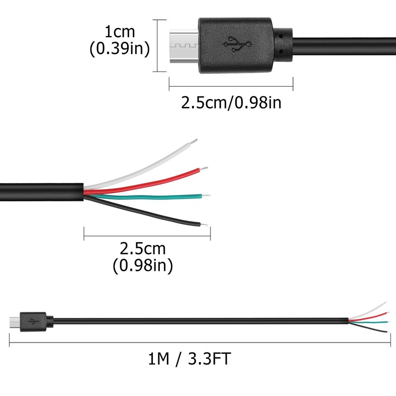 5 PCS Micro USB Male 4 Pin Bare Wire 5V 2A Open End Pigtail Power Cable gallery