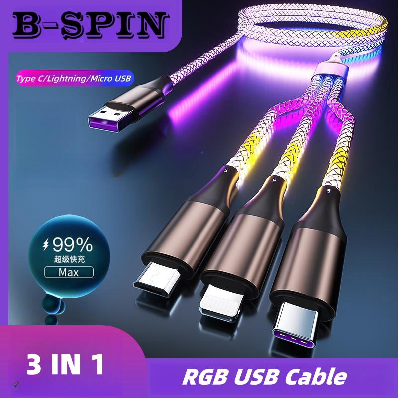 3 in 1 RGB 66W 6A Fast Charging Type C Cable Micro USB Colorful Streamer Glowing