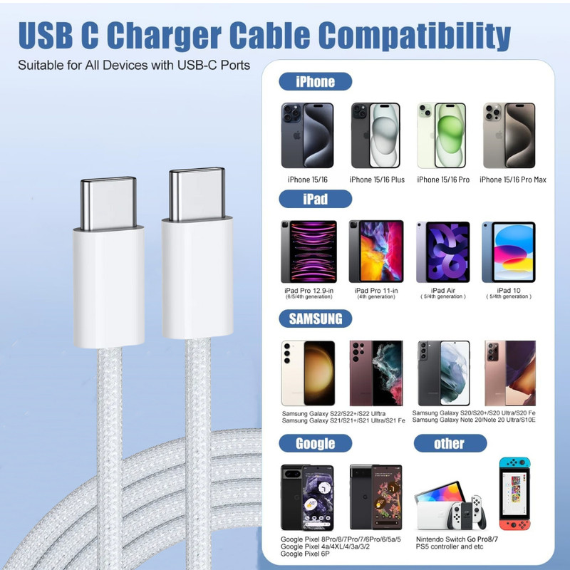 20W QC Type-C Fast Charger Block PD USB-C Cable For Samsung iPhone 15 16 Pro Max gallery