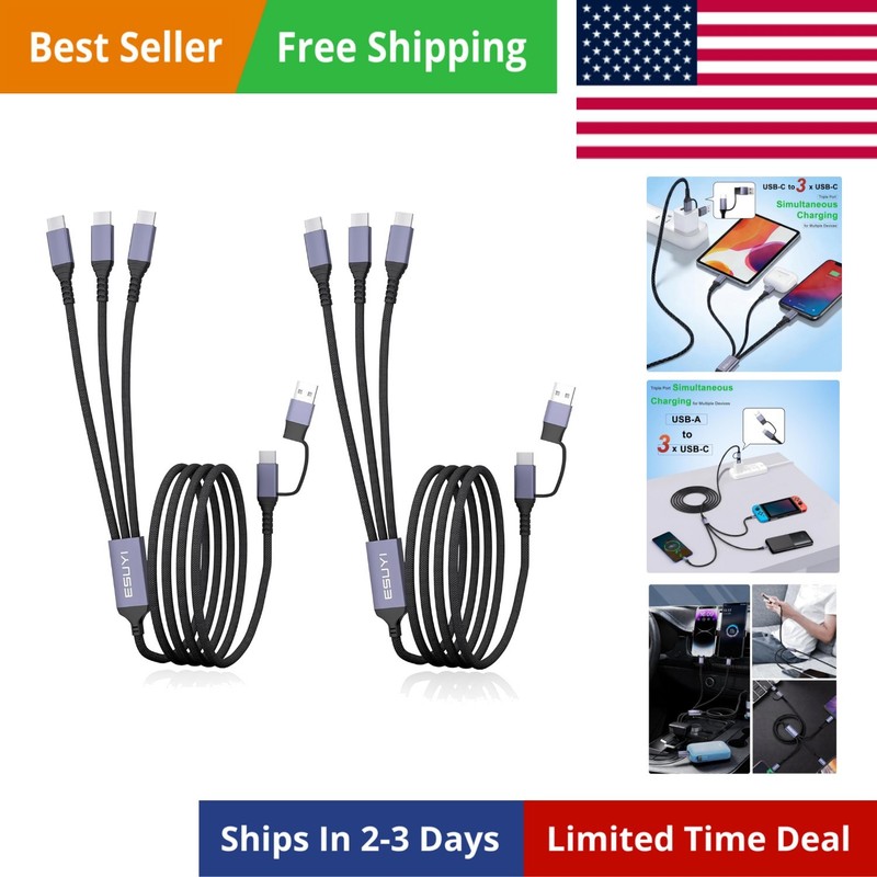 3 in 2 Travel Essentials Multi Charging Cable,[5FT/2Pack 60W ] USB C Splitter…