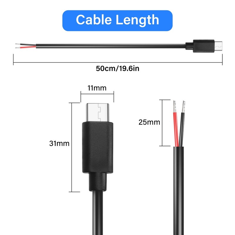2 PCS 0.5M USB C Male Pigtail Cable 5V to 2 Pin Bare Wire Power Repair Cord gallery