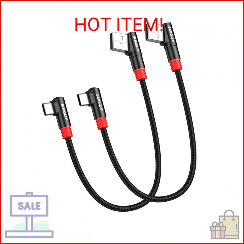 SUNGUY Right Angle USB C to A Cable 2Pack [1FT/0.3m] 18W Short 90 Degree USB 2.0