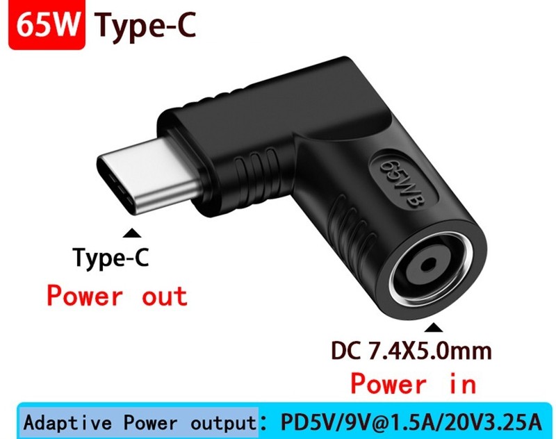 DC 7.4×5.0mm Input to USB Type C Output Adapter for HP Dell Power Supply 65W
