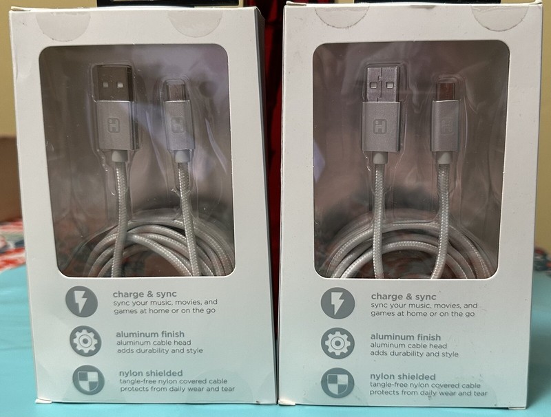 2-PK iHome Nylon, Aluminum Charge & Sync Micro-USB 10ft Gray Cable, New Sealed gallery
