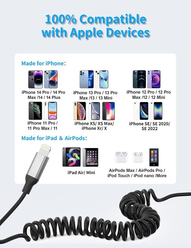 Car Coiled Lightnng Cable 2Pk Retractable iPhone Fast Charging Short 3Ft Cord gallery
