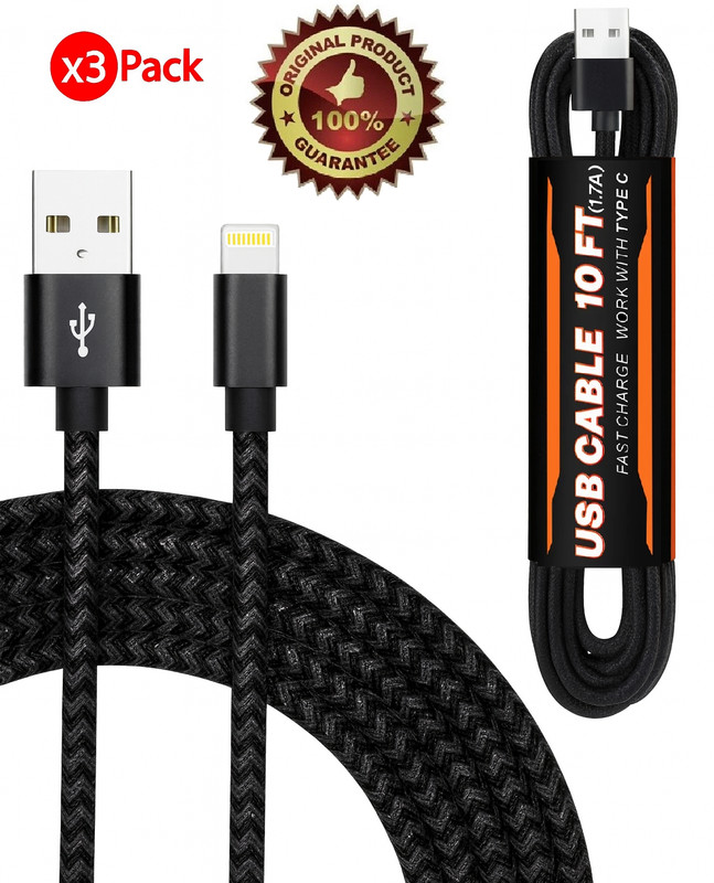 3-Pack 10FT Fast Charging Braided USB to Lightning MFi-Certified Cable iPhone