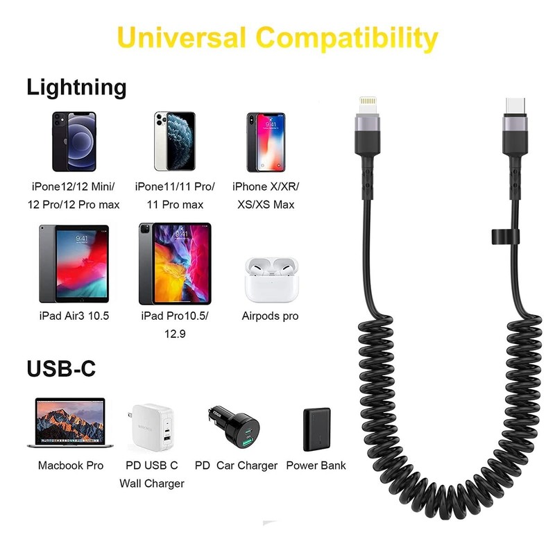 Coiled USB C to Lightning Cable for Car 10FT, MFi Certified iPhone Charging Data gallery