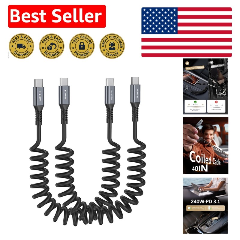 240W PD3.1 Turbo USB-C Coiled Cable 3FT [2-Pack] – Perfect for Car Charging