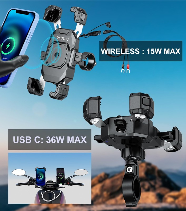 iMESTOU Motorcycle Wireless USB C Charger Phone Mount with Detachable black gallery