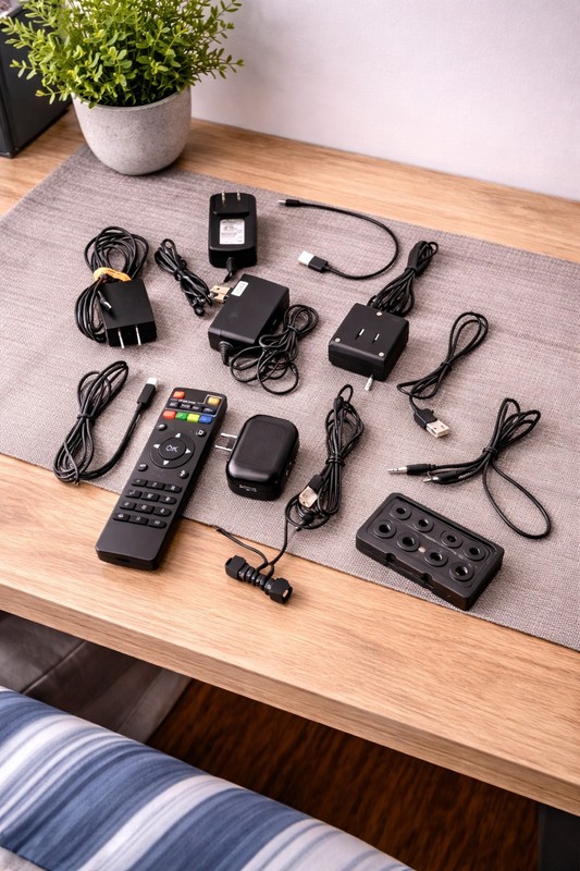 Electronics Accessory Lot – Power Adapters, USB Cables, TV Remote, Car Charger,