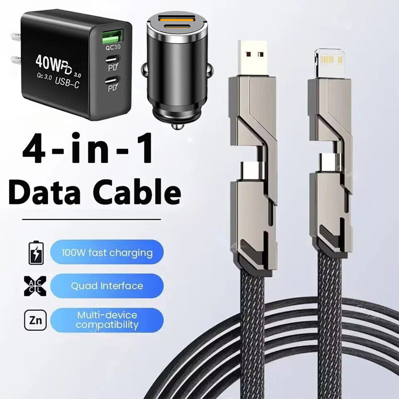 4-in-1 USB TYPE C Cable 100W Fast Charging Flat Braided Anti-Tangle Universal US