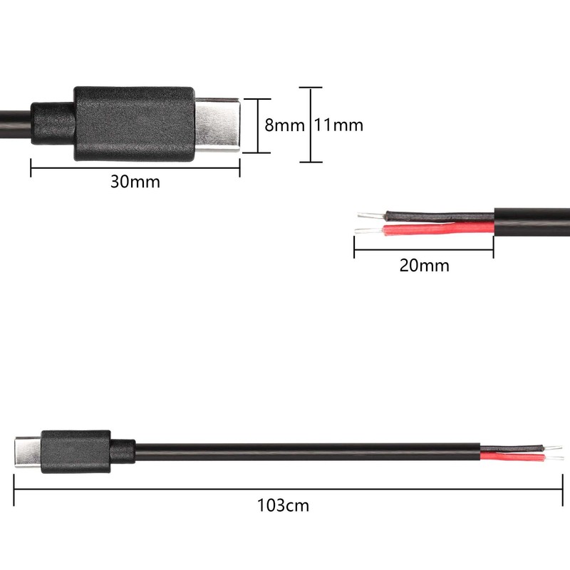 USB Type-C Pigtail Cable Extension Power Cable 22AWG 5V 3A USB-C Plug to 2 Pin gallery