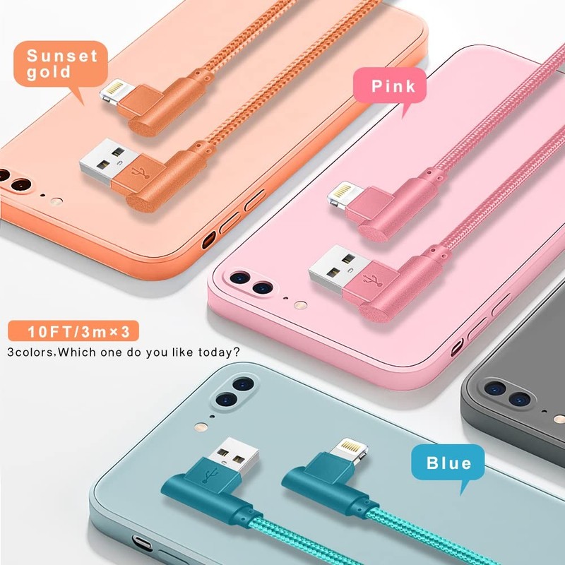 10FT 90 Degree USB Lightning Cable, 3 Pack, MFi Certified for iPhone Charging gallery