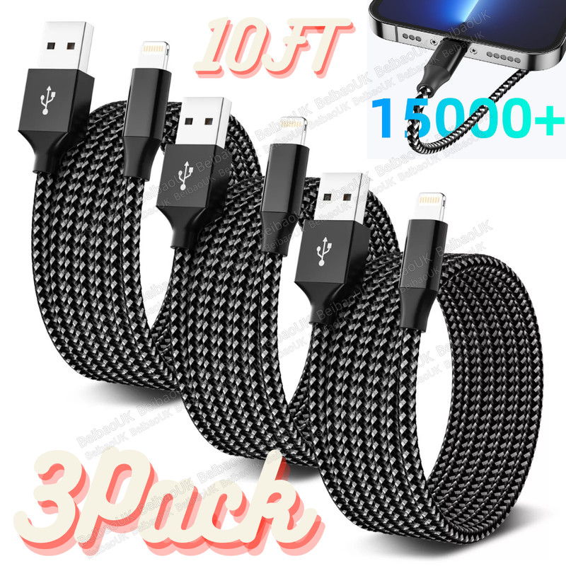 3Pack 10Ft USB Charger Cable Braided For iPhone 14 13 12 11 XR 8 7 Charging Cord
