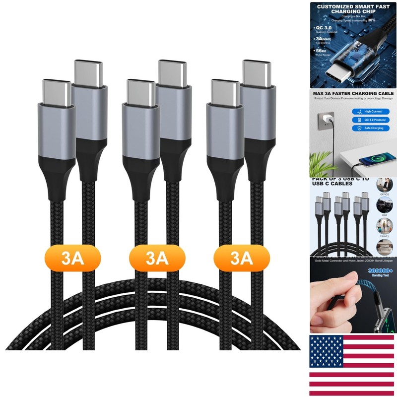 Fast Charging USB Type C Cable 60W, 3-Pack (3ft/6ft/6ft) – High Speed & Durable