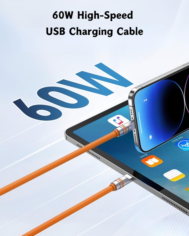 60W Fast Charging Cable 6.6 FT Orange Durable Soft Silicone USB Cable Extra T... gallery