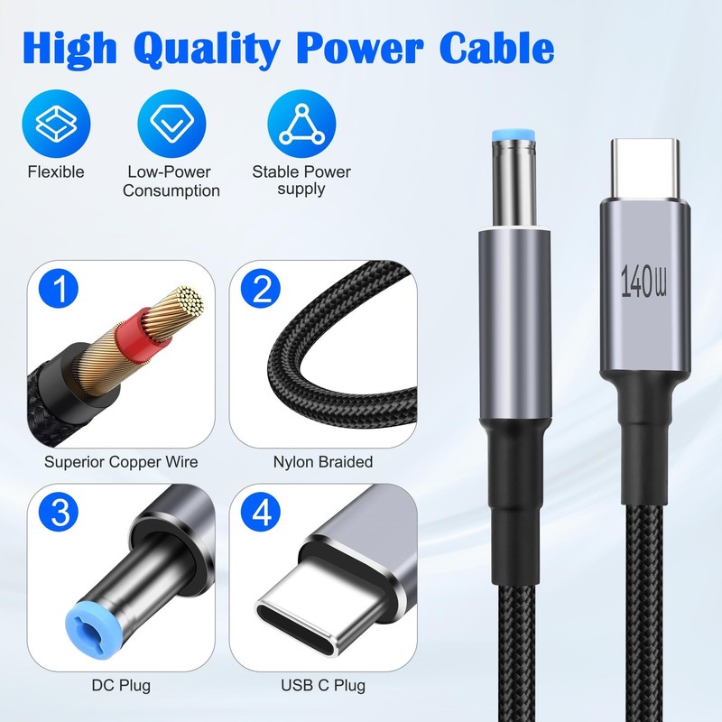USB C To DC 5.5mm x 2.1mm Power Cable Quick Charging PD 140W 7A 1.8M Cord gallery