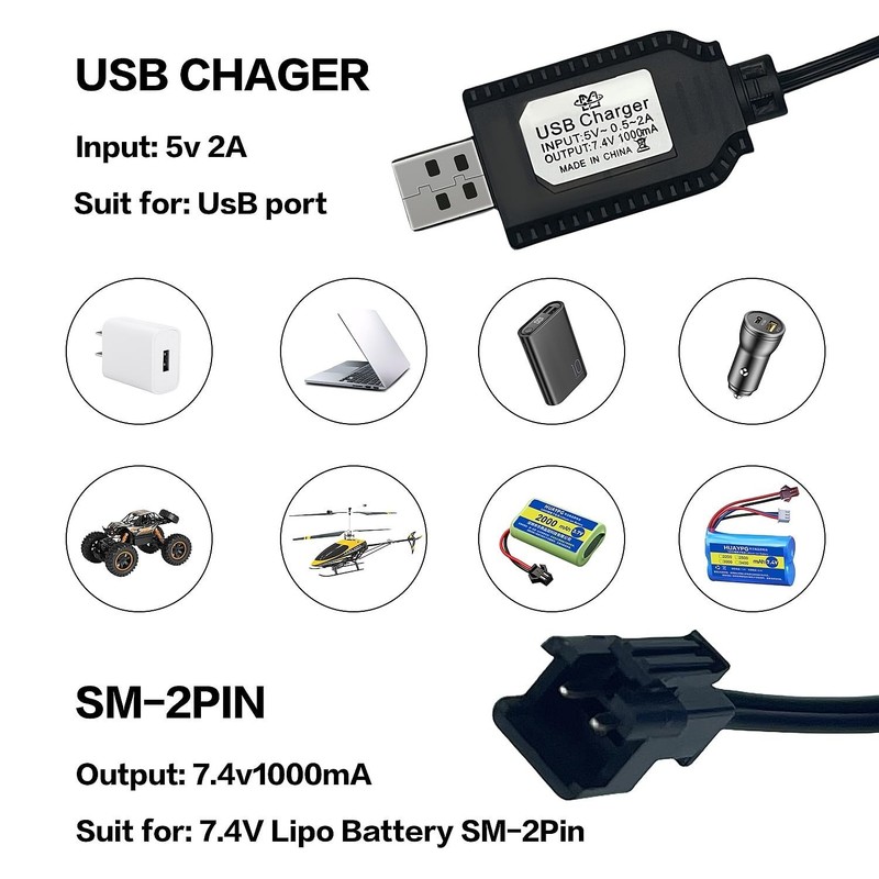 7.4V USB Charging Cable with SM-2PIN Plug - Efficient and Safe for RC Batteries gallery