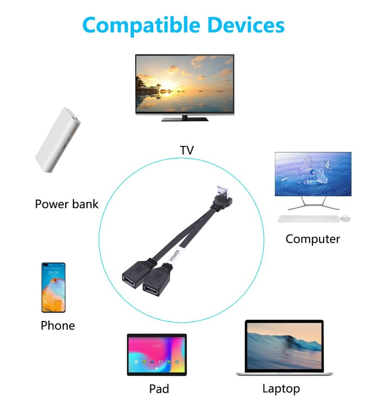 Short 90 Degree PD 65W USB 2.0 Fast Charge Cord Flat USB 2.0 to 2 Female Cabl... gallery