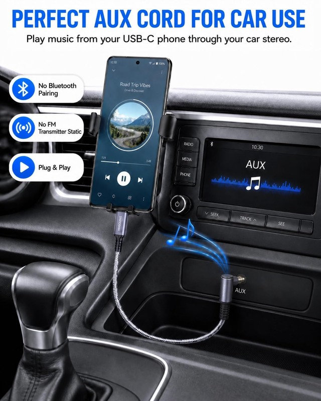 SNANSHI 2-Pack Aux to USB C Cable 3.3ft, 90 Degree and Straight Aux Cord to USB gallery