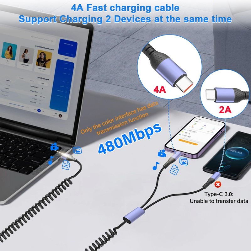 JSADZKJ Coiled USB-C Splitter Cable USB-A to Dual Spring 5.9 feet gallery