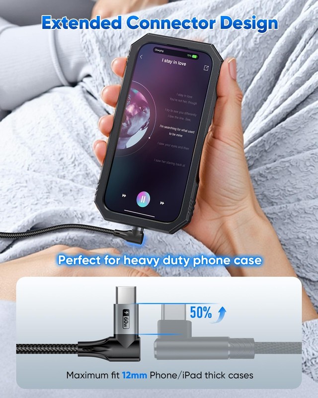 Right Angle USB C Cable 10FT 60W Fast Charging - Perfect for Thick Cases gallery