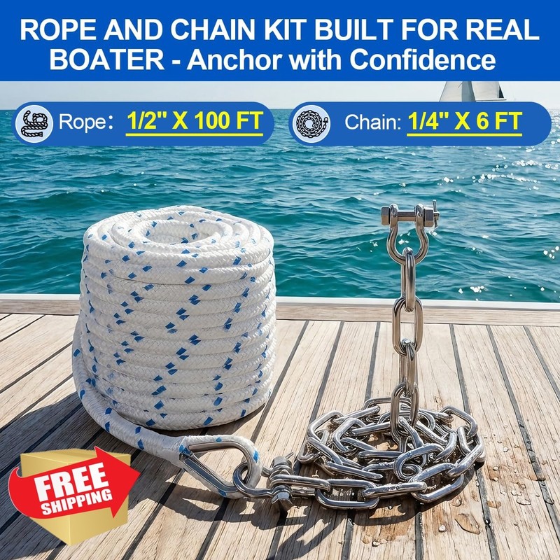 CORDUN Anchor Rope 1/2" x 100' Chain 1/4" x 6' Blue gallery