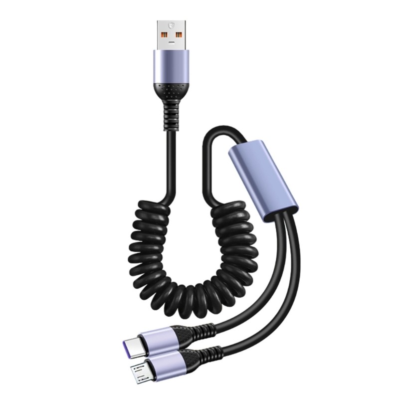 Portable Spring Charging Line for Smartphones/Tablets, MicroUSB + Type C Cable gallery
