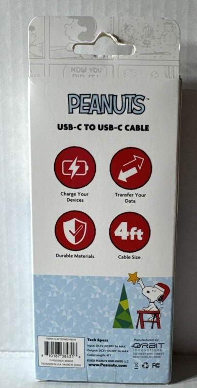 🎄 Peanuts USB-C Charging Cable Snoopy Christmas Wreath 4FT Data/Sync Cord Blue gallery